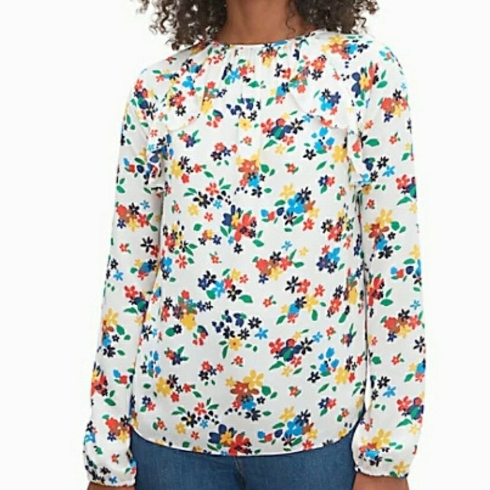 Kate Spade Ivory Sailing‎ Floral Print Ruffle Blouse Top Long sleeve  Size XS